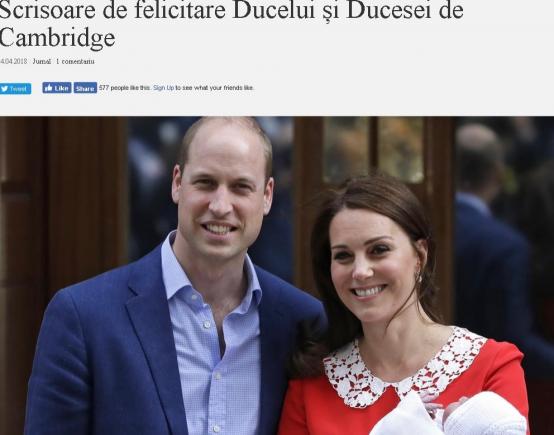 Familia Regală a trimis o scrisoare de felicitare Ducelui şi Ducesei de Cambridge, la naşterea celui de-al treilea copil