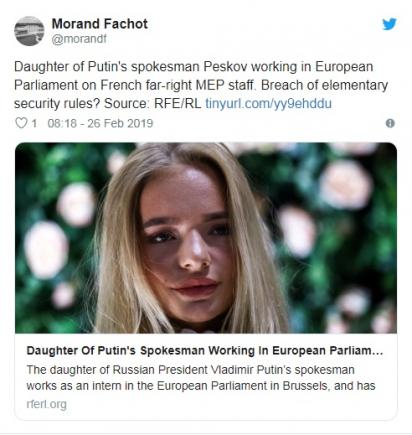 Fiica purtătorului de cuvânt al lui Putin lucrează în Parlamentul European. Pentru un parlamentar eurosceptic