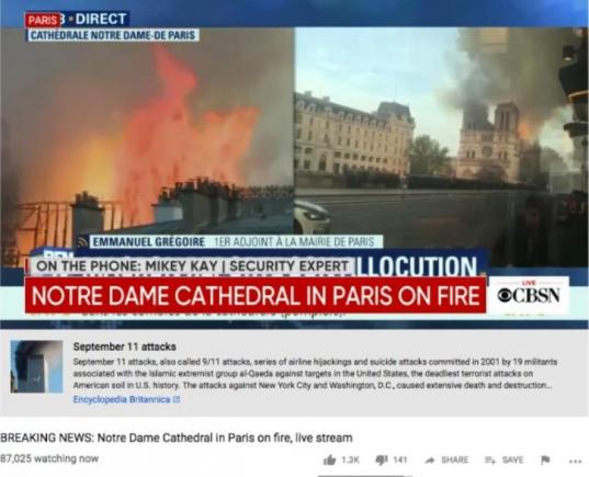 Algoritmii dau greș. Într-o primă fază, pentru YouTube,  incendiul de la Notre-Dame a fost ştire falsă