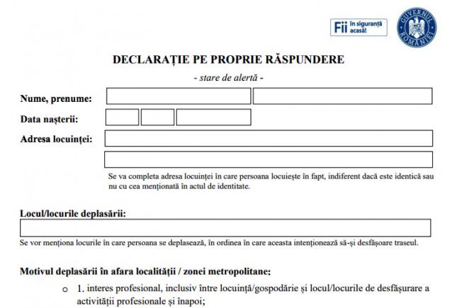 Cum arată declaraţia pe proprie răspundere, necesară pentru a putea ieşi din localitate pe perioada stării de alertă