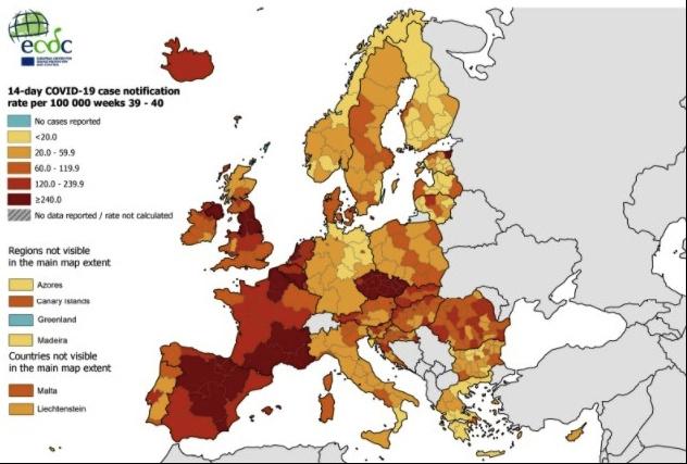 Peste jumătate dintre statele Uniunii Europene sunt în zona roşie de risc epidemic, arată Centrul European pentru Prevenirea și Controlul Bolilor. Pe hartă este și România