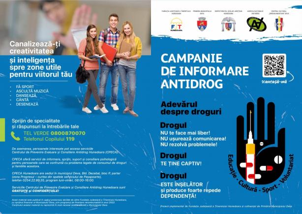 Campania de informare antidrog „Alege-te pe tine!”, în toate liceele din municipiul Deva. STUDIUL ESPAD (2019): La nivel naţional, în rândul elevilor de 16 ani, consumul oricărui tip de drog ilicit, de-a lungul vieţii, este de 9,5%