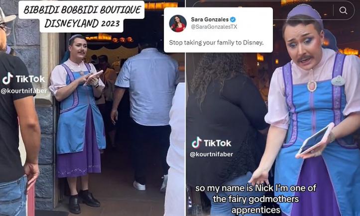 Un bărbat cu mustață angajat la Disneyland poartă un costum de „ucenicul Nașei zânelor” provocând indignarea părinților si apeluri la boicot