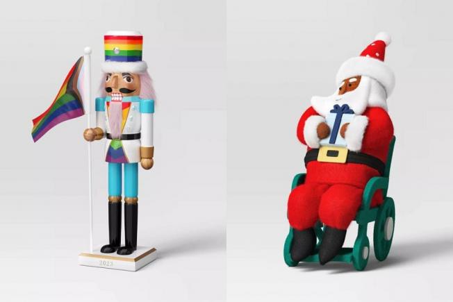 Decorațiuni de sărbători: Moș Crăciun de culoare în scaun cu rotile și spărgătorul de nuci gay 