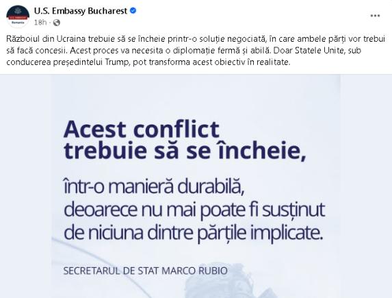 Efectul Uraganului Trump: Ambasada SUA în România își schimbă radical politica și cere încetarea războiului din Ucraina și cere CONCESII lui Zelenski