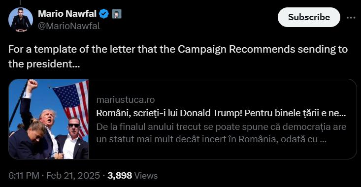 Nawfal preia îndemnul lui Marius Tucă de a trimite o scrisoare Președintelui Trump pentru a semnala situația din România