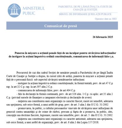 Oficial - Comunicatul Parchetului: Punerea în mișcare a acțiunii penale față de un inculpat pentru săvârșirea infracțiunilor de instigare la acțiuni împotriva ordinii constituționale, comunicarea de informații fals