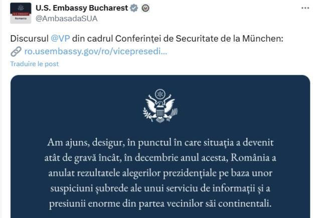 Ambasada SUA în România publică discursul lui JD Vance de la München, evidențiind fragmentele despre anularea alegerilor