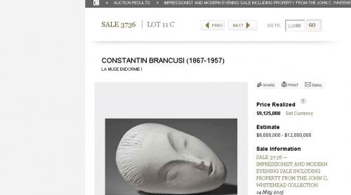 Sculptura lui Brâncuşi, “Muza Adormită”, vândută la licitaţie cu peste 9 milioane de dolari 