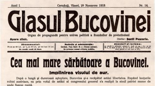 „Cea mai mare sărbătoare a Bucovinei. Împlinirea Visului de Aur”.102 ani de la unirea Bucovinei cu Vechiul Regat
