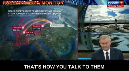 Televiziunea rusă evocă „atacuri nucleare”: o racheta ajunge de la Kaliningrad la Paris în 200 de secunde" și până la Londra „în 202 secunde”