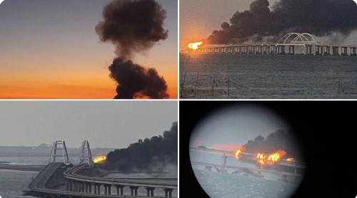 Podul lui Putin, de la Kerci, în flăcări. Podul auto s-a prăbușit în mare. Pe cel feroviar, arde o garnitură de tren cu carburant