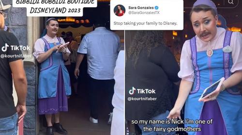 Un bărbat cu mustață angajat la Disneyland poartă un costum de „ucenicul Nașei zânelor” provocând indignarea părinților si apeluri la boicot