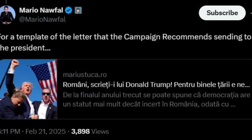 Nawfal preia îndemnul lui Marius Tucă de a trimite o scrisoare Președintelui Trump pentru a semnala situația din România