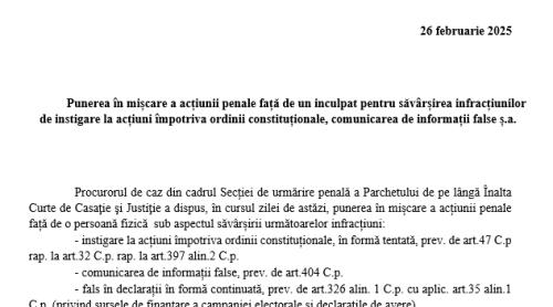 Oficial - Comunicatul Parchetului: Punerea în mișcare a acțiunii penale față de un inculpat pentru săvârșirea infracțiunilor de instigare la acțiuni împotriva ordinii constituționale, comunicarea de informații fals